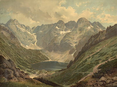 The Sea Eye, Morskie Oko, Fish Lake, in Poland is the largest and the fourth deepest mountain lake in the High Tatras, around 1890, school picture, authentic reproduction of a school mural, historical, digitally restored reproduction from a 19th century m