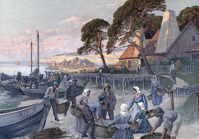 Fishing village on the Baltic Sea, fishermen bringing their catch ashore, Germany, authentic reproduction of a school mural, historic, around 1900