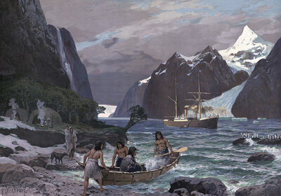 Locals with a boat and a steamer on their way through the Strait of Magellan, a strait with numerous islands and branches between the South American mainland and southern islands, primarily the island of Tierra del Fuego, authentic reproduction of a schoo