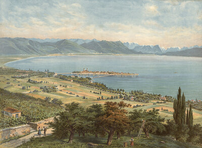 Lake Constance near Lindau, Bavaria, Germany, authentic reproduction of a school mural, historical, around 1900