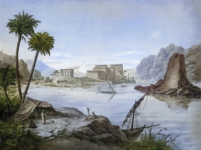 The Temple of Isis on Philae is an important ancient Egyptian archaeological site located today on the island of Agilkia near Aswan, Egypt, authentic reproduction of a school mural, historic, around 1900