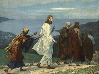 Scene from the biblical story, The Bleeding Woman. The woman had been suffering from uninterrupted bleeding for twelve years and was considered ritually unclean under the Jewish law of the time. After spending her entire fortune unsuccessfully on doctors,