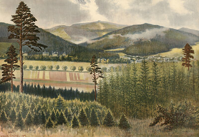 Inselsberg with Tabarz am Fulse, today Bad Tabarz in the district of Gotha in Thuringia, Germany, view of a quiet landscape with fields, forests and mountains, authentic reproduction of a school mural, historic, around 1900