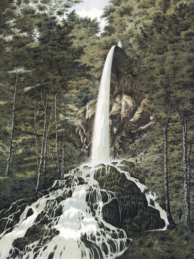 Urach waterfall, Urach waterfall, two kilometers southwest of Bad Urach im Maisental, a side valley of the Erms, Reutlingen district, Baden-Württemberg, Germany, high waterfall falling over moss-covered rocks in a dense forest, authentic reproduction of