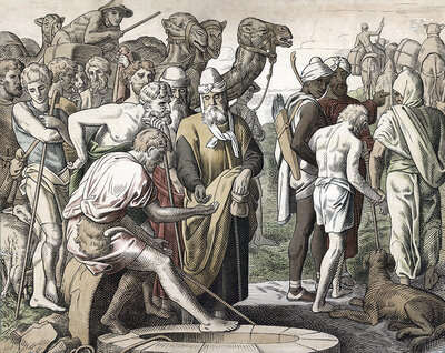 Scene from the biblical story, Joseph is sold as a slave to Egypt by his jealous brothers after they throw him into a cistern because he was their father Jacob's favorite son, authentic reproduction of a school mural, historical, around 1900