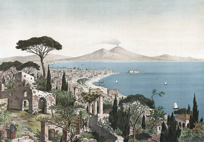 Gulf of Naples and Mount Vesuvius, Campania, Italy, authentic reproduction of a school mural, historic, around 1900