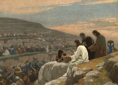 Scene from the biblical story, Dining in the Desert, refers in a biblical context to central miracle stories about the divine provision of the people of Israel and the miracles of Jesus, authentic reproduction of a school mural, historical, around 1900