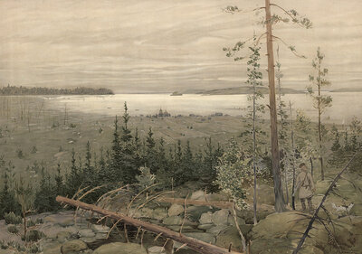 Lake region in Siberia, Russia, authentic reproduction of a school mural, historical, around 1900