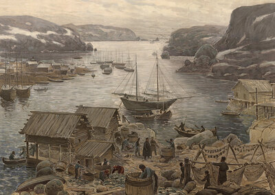 Murman Coast, northern coastal strip of the Kola Peninsula bordering the Barents Sea, near Murmansk, Russia, authentic reproduction of a school mural, historic, around 1900