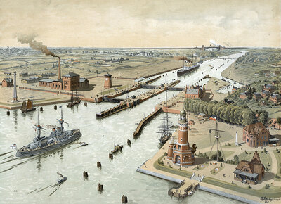 Kaiser Wilhelm Canal, Kiel Canal connects the North Sea with the Baltic Sea, Germany, authentic reproduction of a school mural, historic, around 1900
