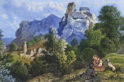 Castle and town of Pottenstein, climatic health resort, Franconian Switzerland, around 1850, district of Bayreuth, Upper Franconia, Bavaria, Germany, digitally enhanced reproduction from a 19th century original, coloured, historical, exact date unknown