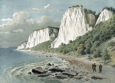 Stubbenkammer, chalk cliffs on Rügen, Baltic Sea, Mecklenburg-Western Pomerania, Germany, authentic reproduction of a school mural, historic, around 1900, chalk cliffs on the coast with calm sea, sailboat and wooded cliffs under a cloudy sky
