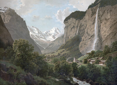 Lauterbrunnen with the 300 m high Staubbach Falls, 1890, Switzerland, authentic reproduction of a school mural, historical, exact date unknown