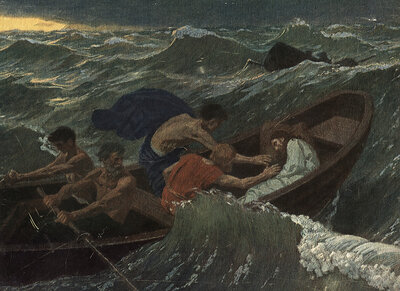 Scene from the biblical story, the story of the storm on the lake, often referred to as The Calming of the Sea Storm, authentic reproduction of a school mural, historical, around 1900, disciples fighting a storm in the sea and trying to stabilize a boat |