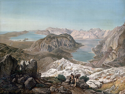 Bay of Kotor, 1910, Montenegro, school painting, authentic reproduction of a school mural, historical, digitally restored reproduction from a model from the 19th century, exact date of depiction unknown