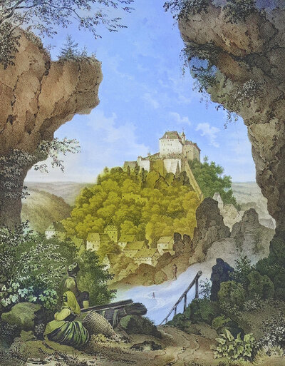 Town and castle of Gößweinstein around 1850, Franconian Switzerland, district of Forchheim, Upper Franconia, Bavaria, Germany, digitally enhanced reproduction from a 19th century original, coloured, historical, exact date unknown