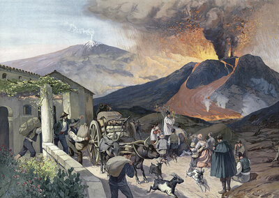 Eruption of Etna, Etna, in Sicily, people flee or pray, Italy, authentic reproduction of a school mural, historical, around 1900