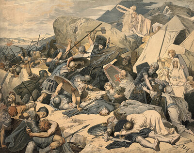 The Battle of Mons Lactarius (Milk Mountain) in 552 AD is also known as the Battle of Vesuvius and was the last great battle of the Gothic Wars, in which the Eastern Roman general Narses defeated the last Ostrogothic king Theia, school picture, authentic