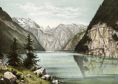 The Königssee, mountain lake in the municipality of Schönau am Königssee in the Berchtesgadener Land district, Bavaria, Germany, authentic reproduction of a school wall painting, historical, around 1900