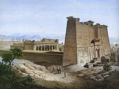 The Temple of Edfu is an ancient Egyptian temple complex on the western edge of the city of Edfu in Upper Egypt, authentic reproduction of a school mural, historic, around 1900