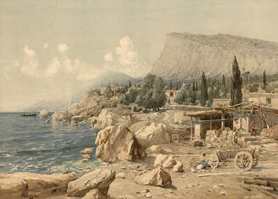 Black Sea coast, Crimean peninsula, Russia, authentic reproduction of a school mural, historical, around 1900, Mediterranean coast with rocks, small huts and a picturesque mountain in the background