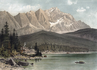 Zugspitze mountain with Eibsee lake, Alps, Bavaria, Germany, authentic reproduction of a school mural, historic, around 1900, mountain lake with calm water surrounded by forests and mountains
