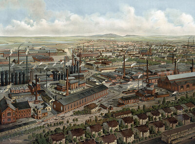 Factory buildings of an industrial plant, steel industry, Austria, authentic reproduction of a school mural, historical, around 1900