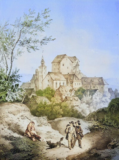 Town and castle of Hilpoltstein, around 1850, Franconian Switzerland, district of Forchheim, Upper Franconia, Bavaria, Germany, digitally enhanced reproduction from a 19th century original, coloured, historical, exact date unknown