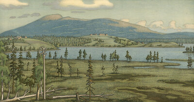 Kuusamo is a town in northeastern Finland, Kuusamo area, 1910, authentic reproduction of a school mural, historical, exact date unknown