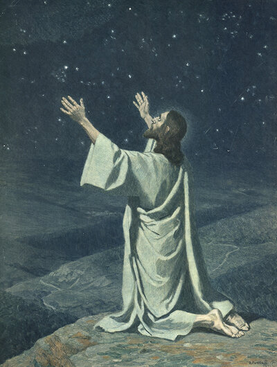 Scene from the biblical story, Not my will but your will be done, This sentence is from the New Testament and describes Jesus' prayer in the Garden of Gethsemane in front of his crucifixion, authentic reproduction of a school mural, historical, around 190