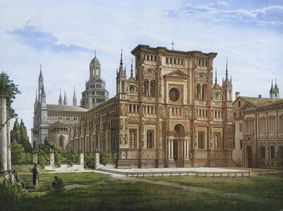 The Certosa di Pavia is a monastery originally built for the Carthusian Order in the municipality of Certosa di Pavia in the Italian province of Pavia, Lombardy region, Italy, authentic reproduction of a school mural, historic, around 1900