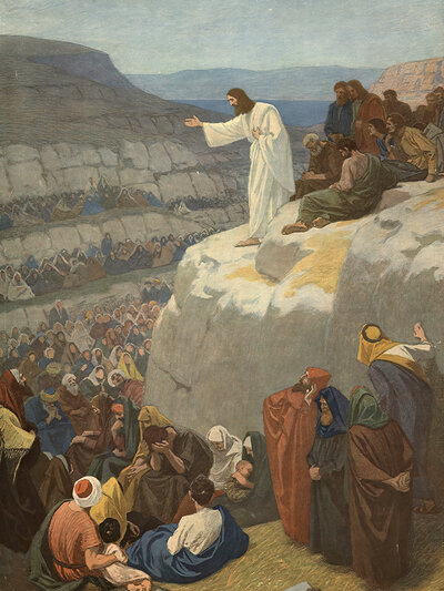 Scene from the biblical story, The Sermon on the Mount, authentic reproduction of a school mural, historical, around 1900, Jesus preaching to a large crowd from a raised rock