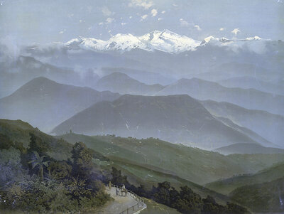 View of Kangchenjunga, at 8586 m the third highest mountain in the world and the easternmost eight-thousander, Nepal, authentic reproduction of a school mural, historic, around 1900