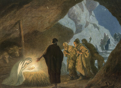 Scene from the biblical story, The birth of Jesus in Bethlehem is the central event of the Christmas story, told in the Bible where Mary and Joseph had to travel there because of a census and Jesus was placed in a manger in a stable or a grotto, authentic