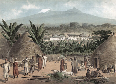 Landscape near Moshi on Kilimanjaro, ivory trade, elephant tusks, German East Africa, Tanzania, authentic reproduction of a school mural, historic, around 1900, village life against a mountain backdrop with grass-covered huts, people in traditional clothi