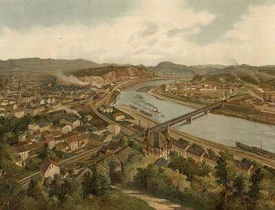 Usti nad Labem, Ústi nad Labem, formerly Ústí nad Labem, city in the Czech Republic, authentic reproduction of a school mural, historical, around 1900