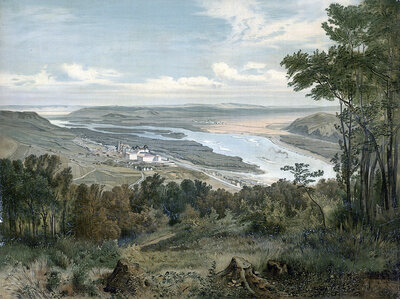 The Danube near Vienna, 1890, Austria, school painting, authentic reproduction of a school mural, historical, digitally restored reproduction from a model from the 19th century, exact date of depiction unknown