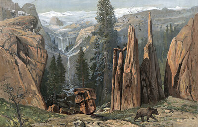 Mountain landscape in North America, rocky mountains, America, authentic reproduction of a school mural, historical, around 1900