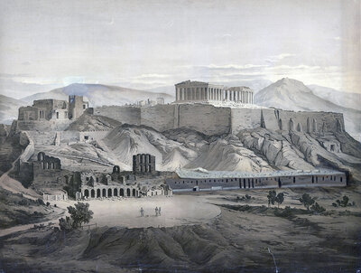 The Acropolis in Athens, south side, 1883, Greece, school painting, authentic reproduction of a school mural, historical, digitally restored reproduction from a model from the 19th century, exact date of depiction unknown