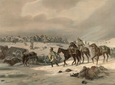 Napoleon's army retreat from Russia, 1812. Napoleon's retreat from Russia 1812 was a catastrophic defeat caused by the Russian winter, hunger, disease and partisan attacks, school picture, authentic reproduction of a school mural, around 1911, exact date
