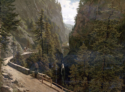 Via Mala, historically notorious section of trail, in 1890, Grisons, Switzerland, authentic reproduction of a school mural, historical, exact date unknown