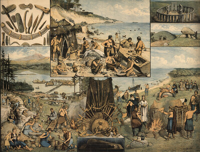 Illustrated school blackboard depicting various scenes and objects from the Stone Age, especially the Neolithic or Neolithic, and the Bronze Age, authentic, digitally restored reproduction from a 19th century model, exact date of presentation unknown, his