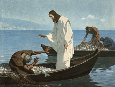 Scene from the biblical story, Peter catches many fish at the word of Jesus that the nets threatened to break and the boats almost sank., authentic reproduction of a school mural, historical, around 1900
