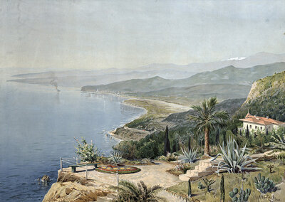 Shores of the Black Sea, coast in Ukraine, authentic reproduction of a school mural, historical, around 1900