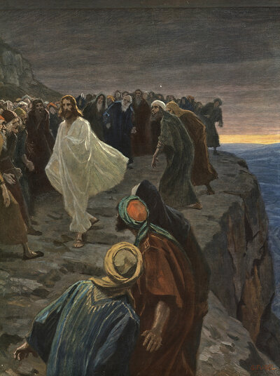 Scene from the biblical story, Cliff in Nazareth, refers to the traditional place, Mount Precipice, Mount Kedumim, from where the angry crowd in the synagogue tried to overthrow Jesus after he had read from the script, authentic reproduction of a school m