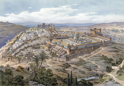 Jerusalem at the time of Jesus Christ, Israel, extensive ancient city view with fortress and surrounding landscape, authentic reproduction of a school mural, historic, around 1900