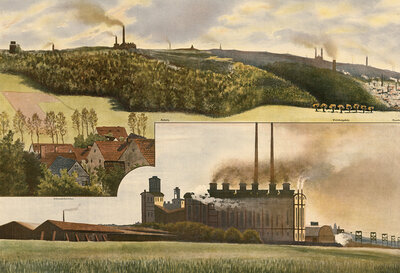 Brown coal mining in Thuringia, Bismarckschacht and Auholz, Schnauderhainichen, district of the town of Meuselwitz in the Altenburger Land district in Thuringia, Germany, industrial landscape with factories on hills and smoky skies, authentic reproduction