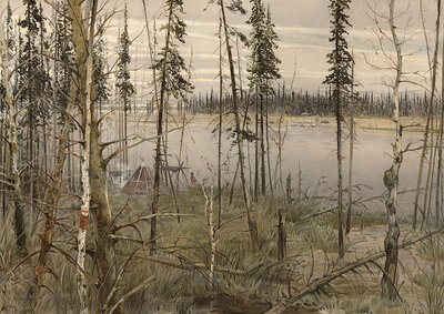 Landscape in the taiga in Siberia, Russia, authentic reproduction of a school mural, historical, around 1900