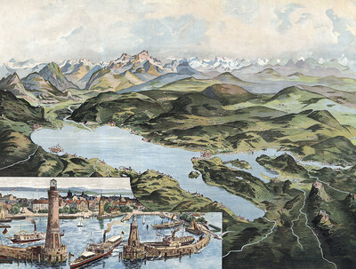 Lake Constance with Lindau and Alpine Range, Swabia, Bavaria, Germany, picturesque view of mountains and lakes with harbor scenes in the foreground, stylized like a map, authentic reproduction of a school mural, historical, around 1900