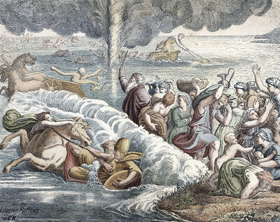 Scene from the biblical story, crossing of the Red Sea (Black Sea), tells a central miracle in the Bible, in which God parted the sea by a strong wind and made it possible for the Israelites to walk on dry ground while the pursuing Egyptian army drowned,